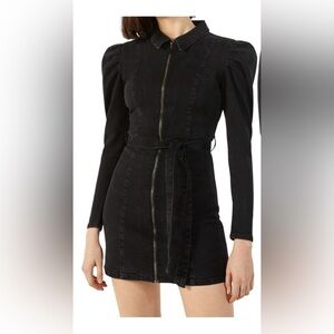 Bershka Black Denim Belted Puff Long Sleeve Dress- Large